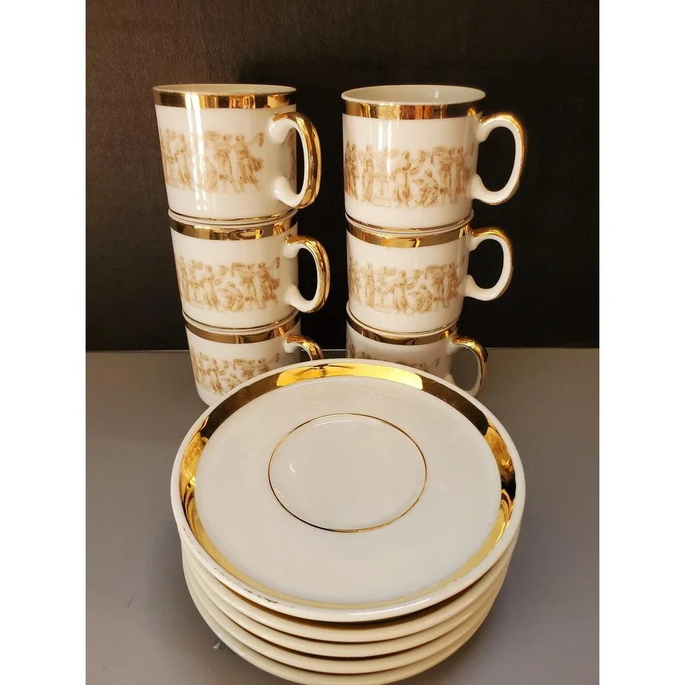 Royal Crown Espresso Cups & Saucers Set 6 Demitasse Gold Greek Key‎